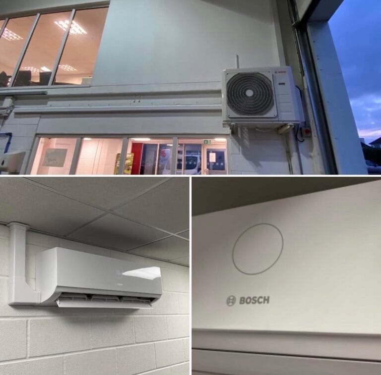 Commercial Bosch air conditioning installation with indoor and outdoor units